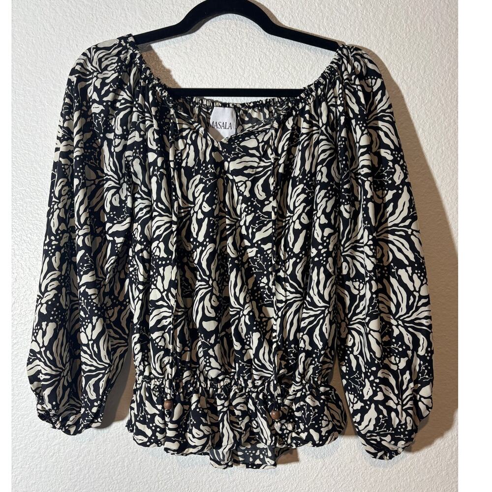 Masala Women's Blouse Size M Black Cream Floral Balloon Sleeves Off-Shoulder